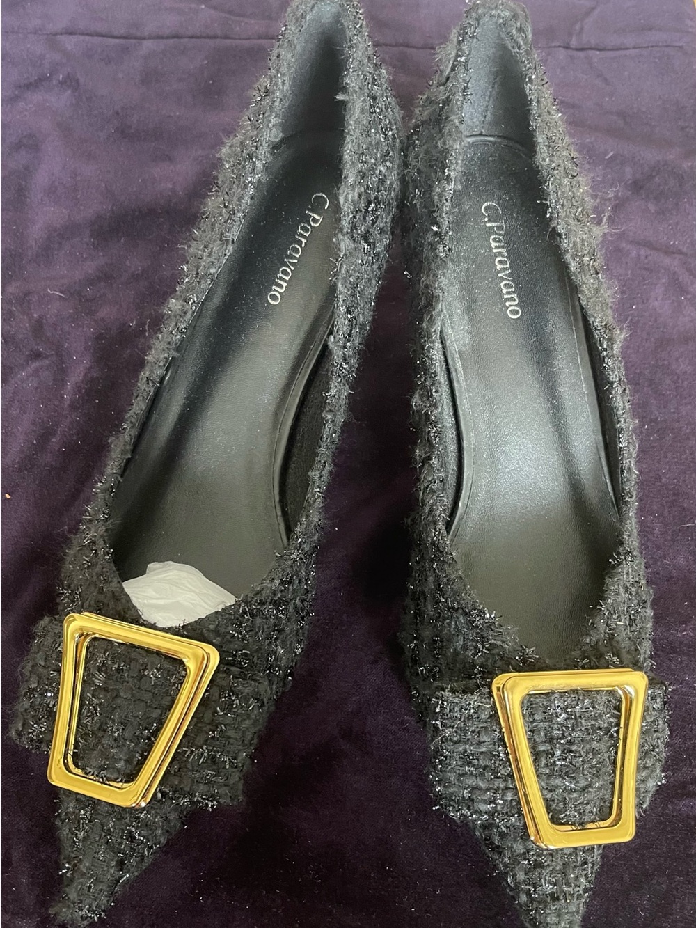 C. Paraviano Black Tweed Pointed Flats with Gold Buckle